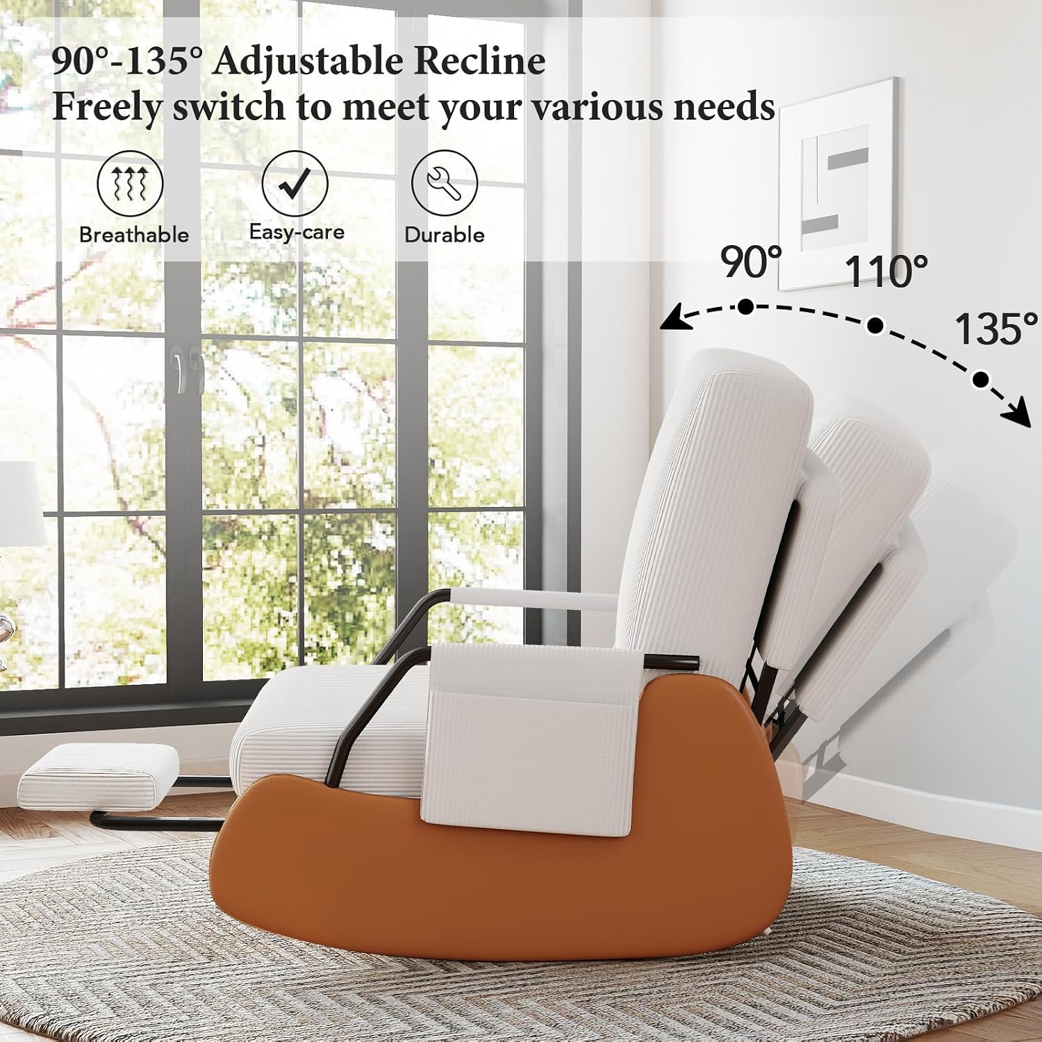 Furniliving Modern Glider Rocking Chair, Upholstered Nursery Glider Chair with Adjustable Recline & Retractable Footrest, Comfortable Lounge Chair for Mom Nursery Living Room Bedroom White