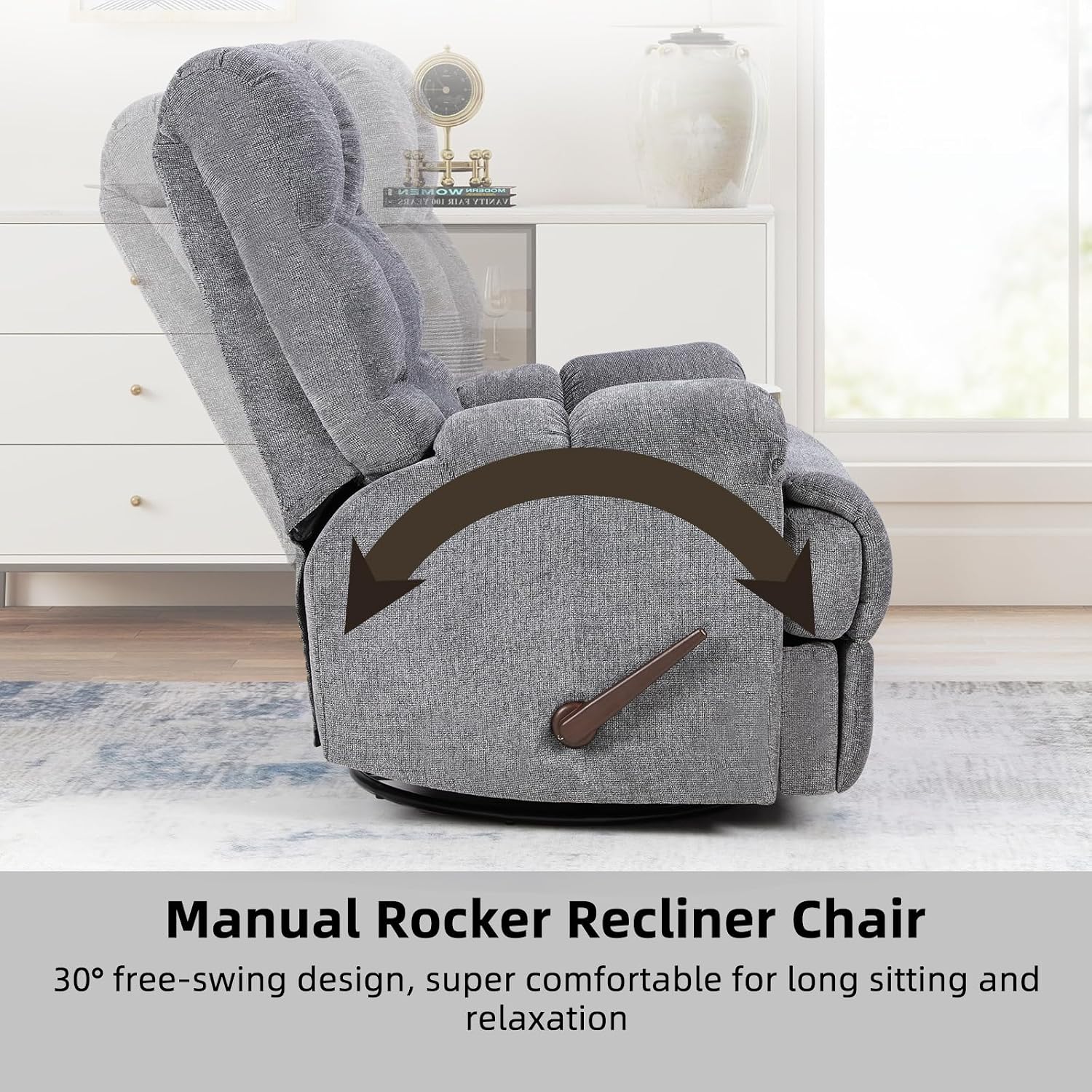 CANMOV Swivel Rocker Recliner for Adults,Glider Rocking Reclining Chair for Nursery,Manual Recliner Chair with Overstuffed Back and Arms for Living Room Bedroom Nursery,Grey
