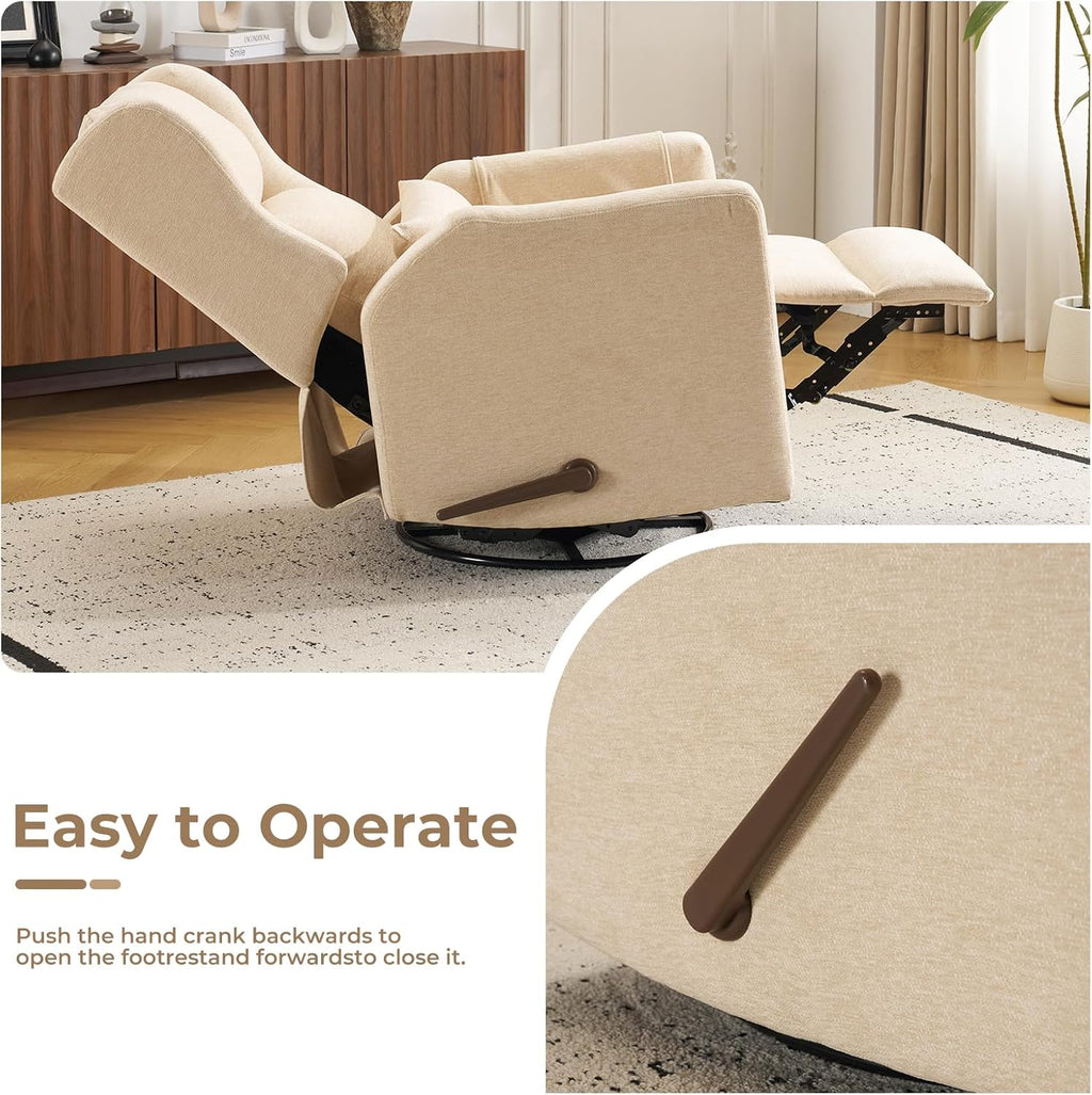 Large Glider Rocker Recliner,Rocking Chair Nursery with Adjustable Headrest,Swivel Rocker Recliner with Lumbar Support,Manual Nursery Rocker Recliner for Living Room& Bedroom,Chenille Beige