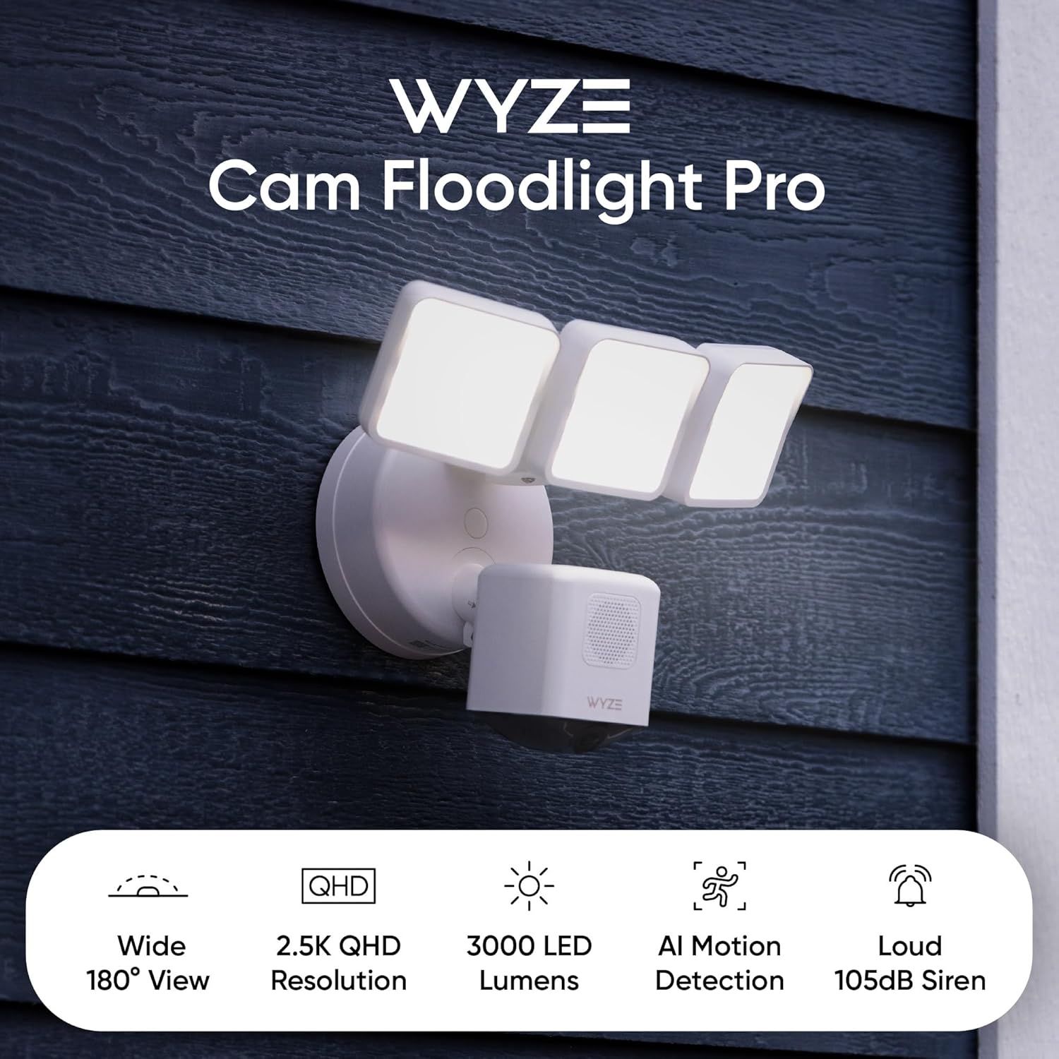WYZE Floodlight Camera Pro with Plug-in Mount, PCMag Editor's Choice 3000-Lumen LEDs, 2.5K HD Outdoor Security Camera, Color Night Vision, Wall Mount with 20ft Power Cable, Easy Installation (White)