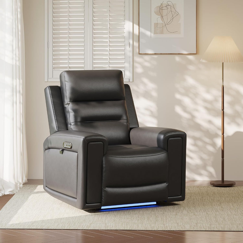 COLAMY Triple Motors Power Recliner Chair, Leather Wall Hugger Reclining Sofa for Home Theater, Nursery, Independent Headrest & Lumbar Support, Overstuffed Seating with USB Ports & LED,Black