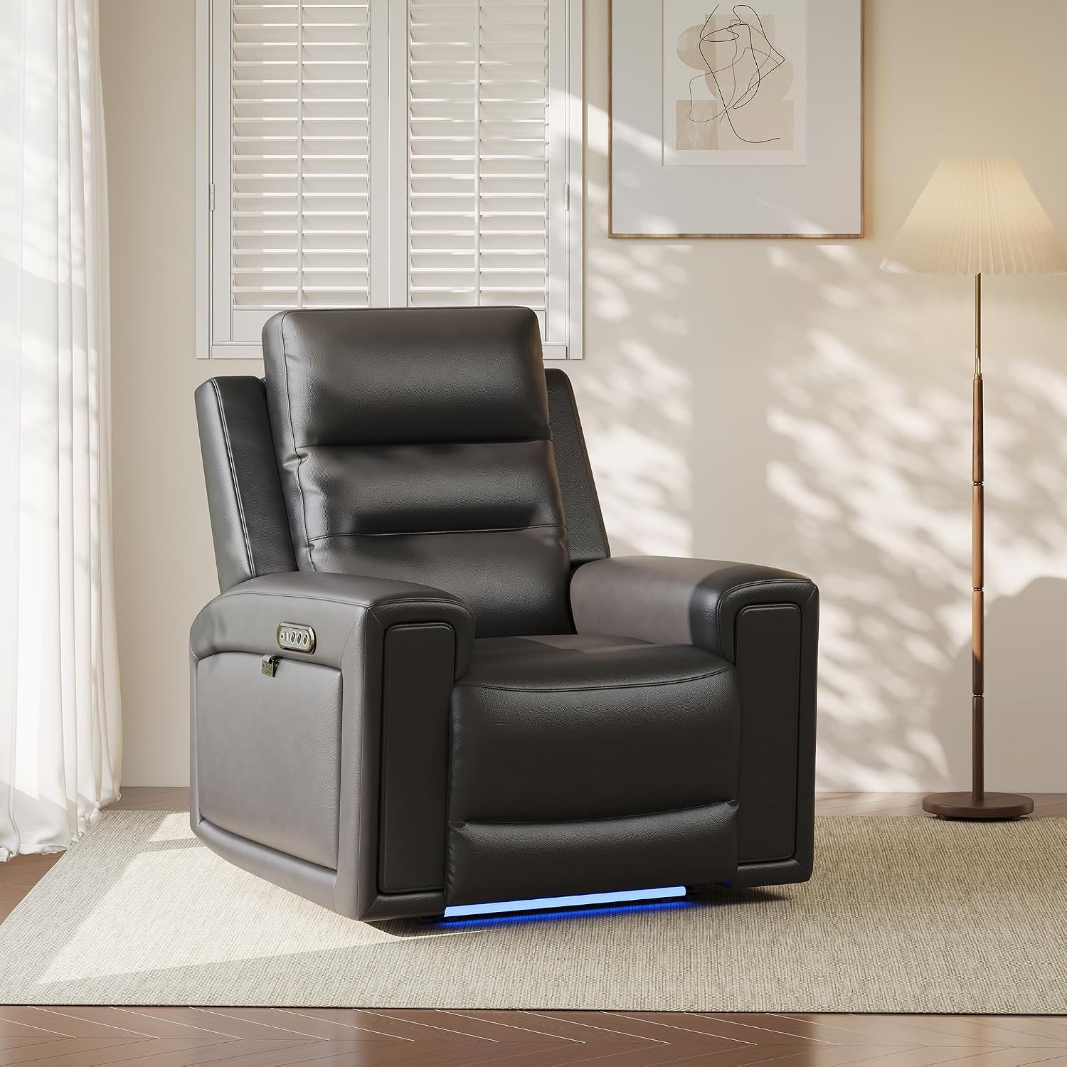 COLAMY Triple Motors Power Recliner Chair, Leather Wall Hugger Reclining Sofa for Home Theater, Nursery, Independent Headrest & Lumbar Support, Overstuffed Seating with USB Ports & LED,Black