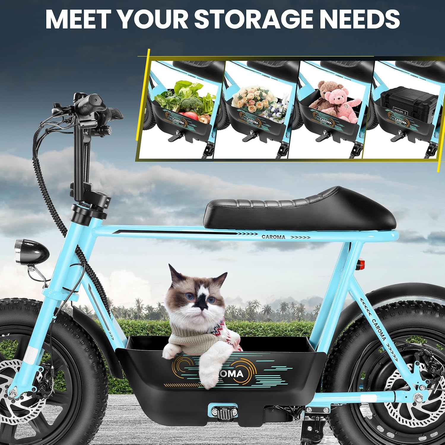 Caroma Peak 1200W/800W/500W Electric Scooter with Seat,16'×3' Fat Tire Ebike All-Terrain,Max 30Miles&20MPH Electric Scooter Adults,Electric Motorcycle Adults with Storage Basket for Pets&Cargo