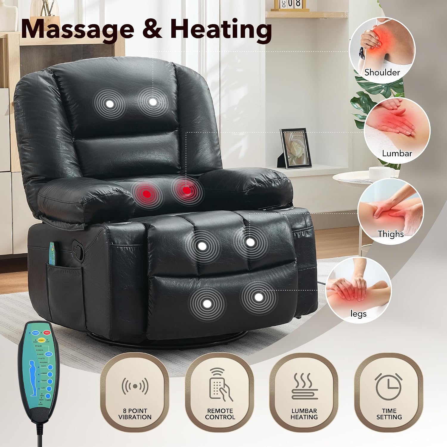 Rocker Recliner Chair with Heat and Massage,Nursery Recliner 360° Swivel Oversized Chairs for Adults,PU Leathe Lazy Boy Single Sofa Seat with 3 Positions, Side Pockets,Cup Holders for Living Room
