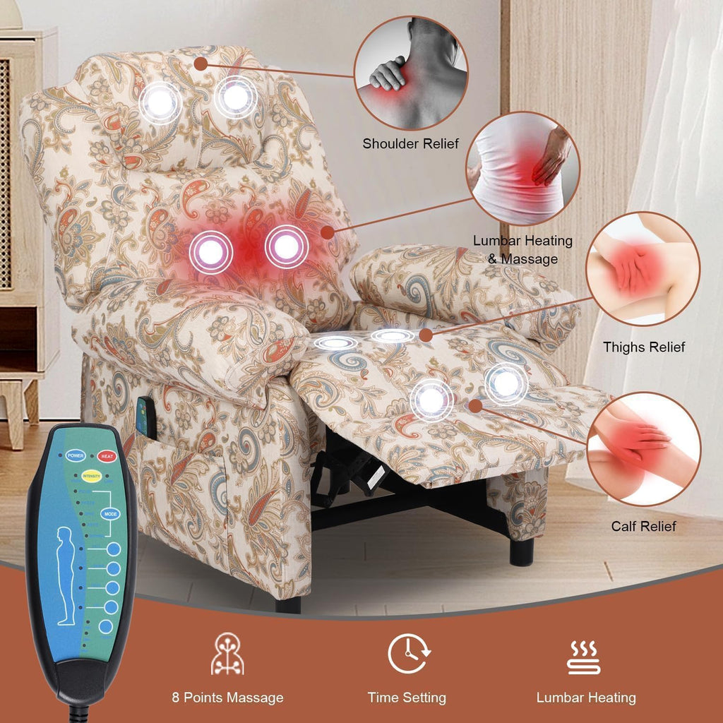 Manual Recliner Chair, Massage Chair Recliners with Heat, Pushback Recliners for Living Room Small Recliner Chairs for Small Spaces Fabric Overstuffed Single Sofa with Vibration Home Theater,Floral