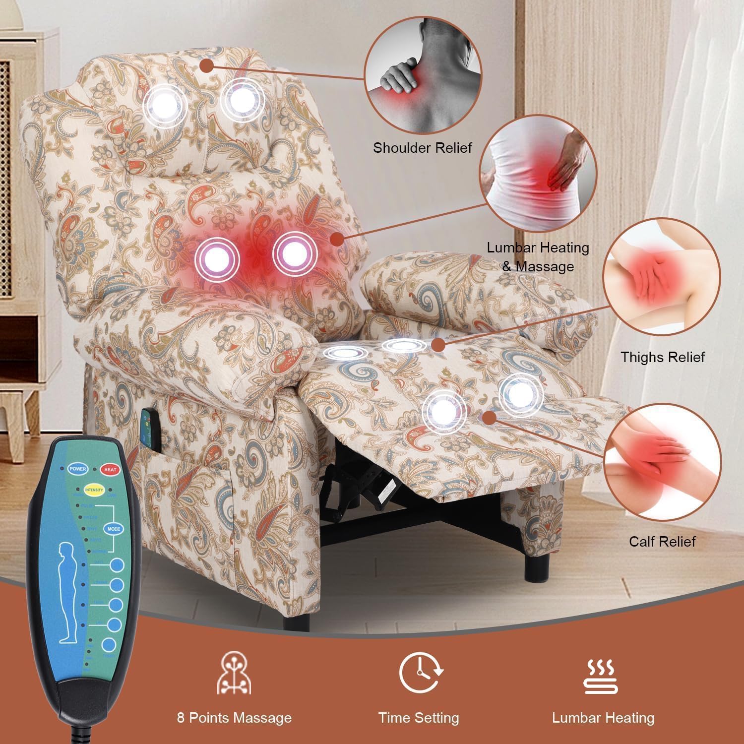 Manual Recliner Chair, Massage Chair Recliners with Heat, Pushback Recliners for Living Room Small Recliner Chairs for Small Spaces Fabric Overstuffed Single Sofa with Vibration Home Theater,Floral