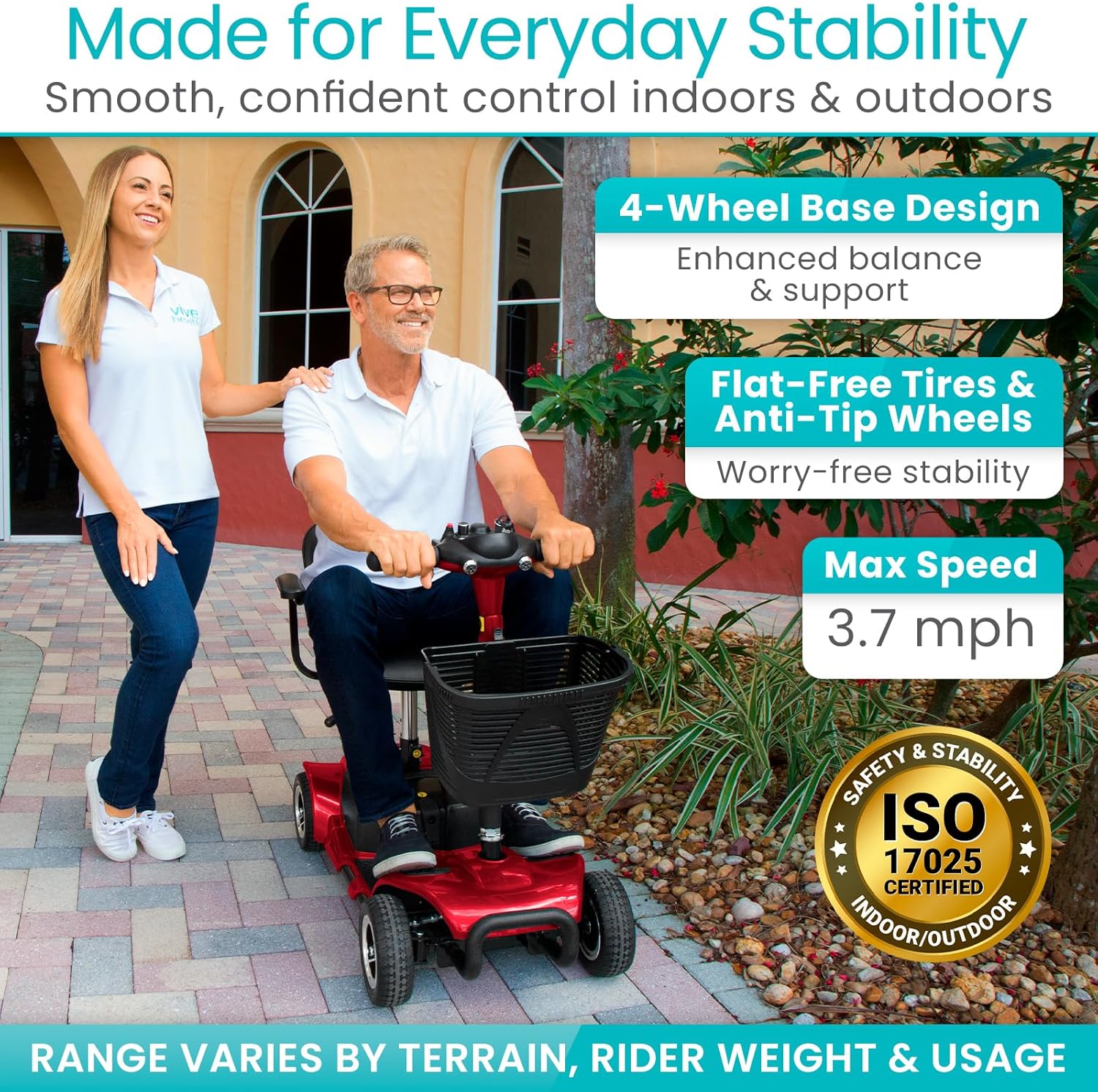 Vive 4 Wheel Mobility Scooter - Electric Powered Wheelchair Device - Compact Heavy Duty Mobile for Travel, Adults, Elderly - Long Range Power Extended Battery with Charger & Basket