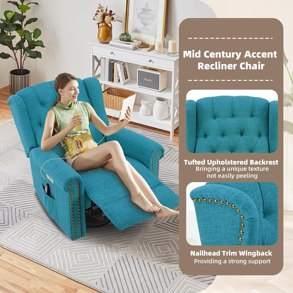 Power Swivel Rocking Glider Recliner Chair with Massage and Heat, Electric Nursery Glider Rocker for Living Room, Wingback Tufted Upholstered Recliner Chair with Type-C & USB Ports, Teal
