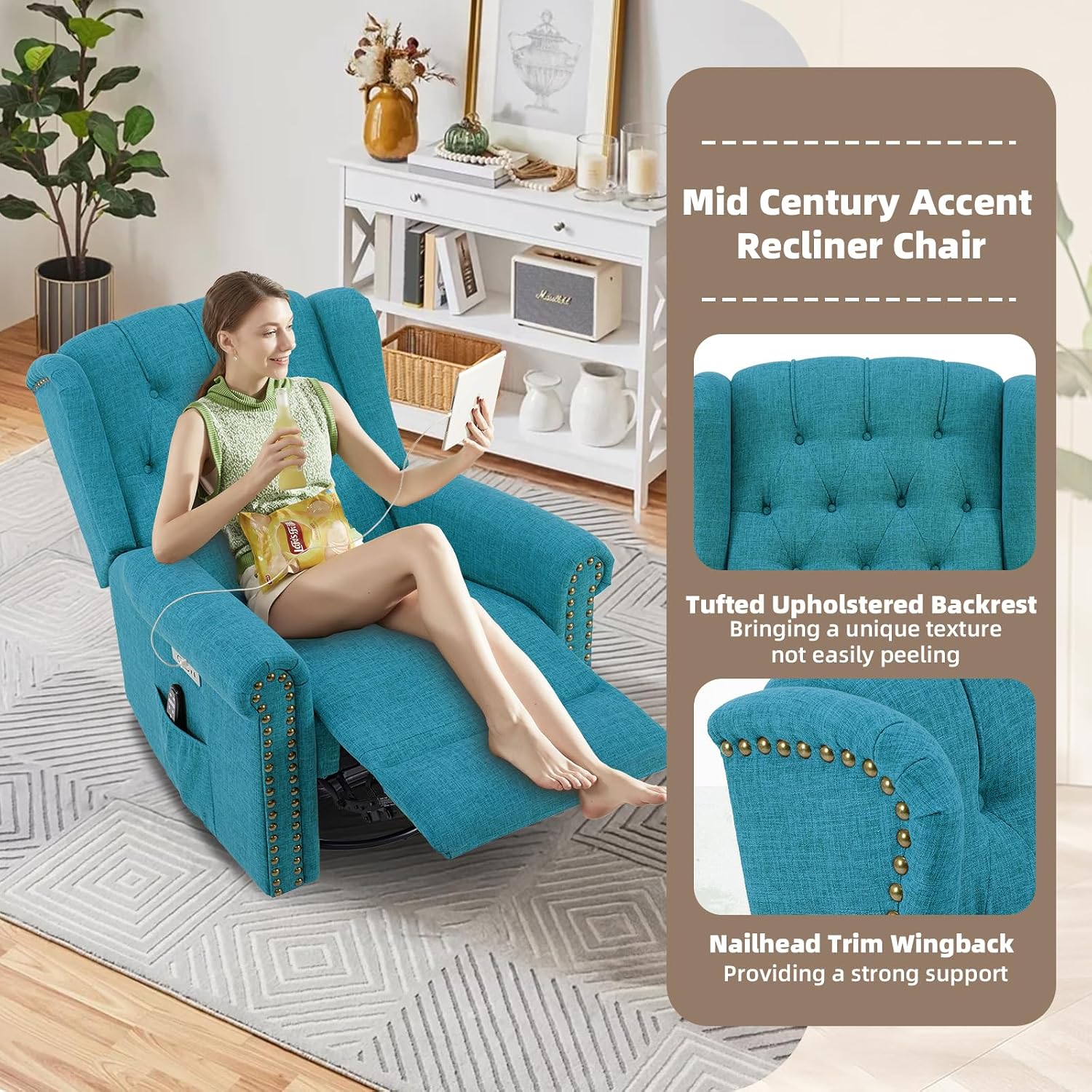Power Swivel Rocking Glider Recliner Chair with Massage and Heat, Electric Nursery Glider Rocker for Living Room, Wingback Tufted Upholstered Recliner Chair with Type-C & USB Ports, Teal