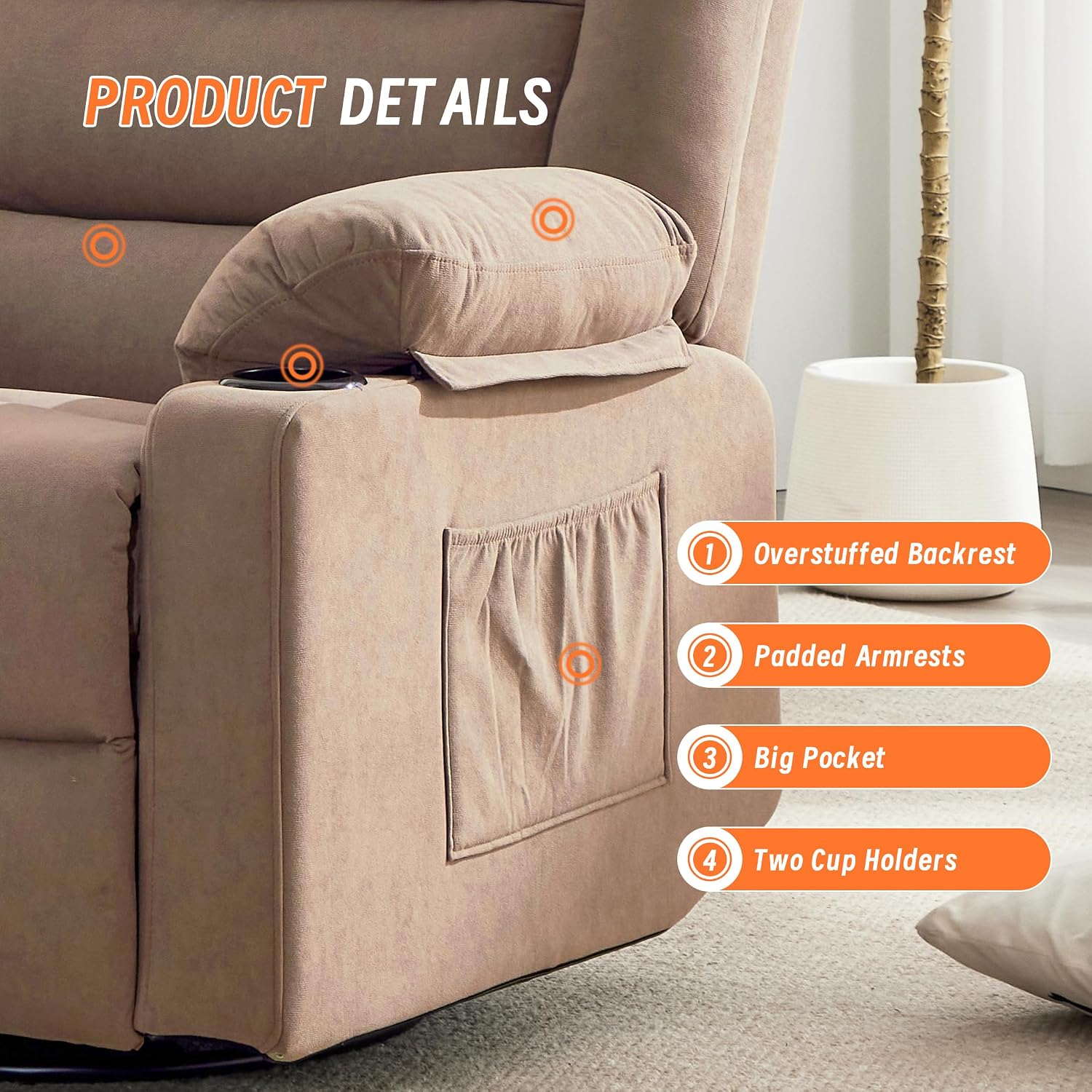 360°Swivel Rocker Recliner Chair for Adults,Manual Glider Recliner Sofa with Massage and Heating, Nursery Rocking Chairs with Cup Holds for Living Room Bedroom (Light Mocha)