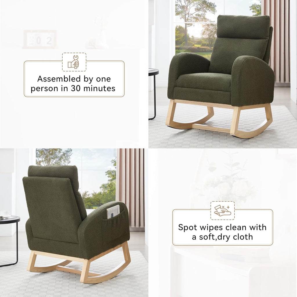 Setawix Teddy Rocking Glider Chair with Footrest for Nursery,Upholstered Living Room Rocker Arm Chair,Leisure Rocking Armchair,Mid Century Modern Rocking Accent Chair with Side Pockets (Teddy Green)