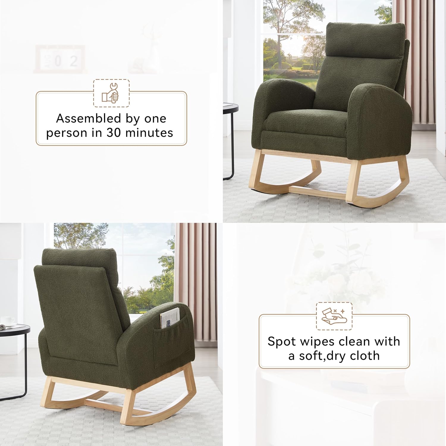Setawix Teddy Rocking Glider Chair with Footrest for Nursery,Upholstered Living Room Rocker Arm Chair,Leisure Rocking Armchair,Mid Century Modern Rocking Accent Chair with Side Pockets (Teddy Green)