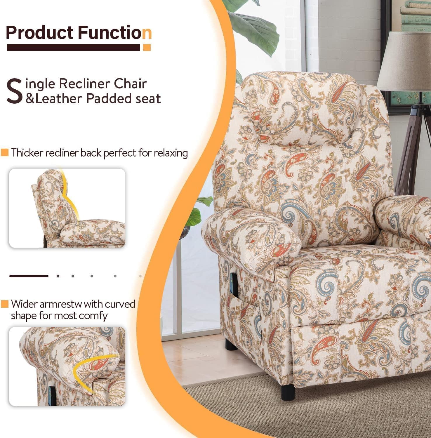 Manual Recliner Chair, Massage Chair Recliners with Heat, Pushback Recliners for Living Room Small Recliner Chairs for Small Spaces Fabric Overstuffed Single Sofa with Vibration Home Theater,Floral