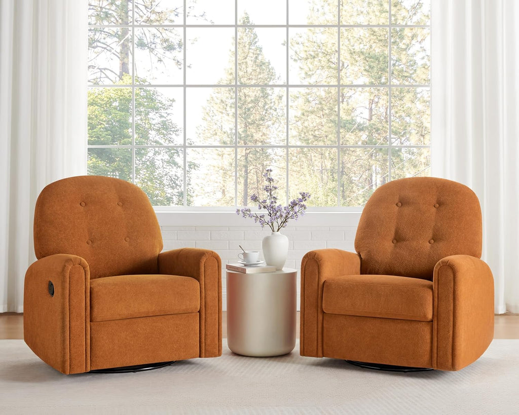 VANOMi 360 Swivel Rocker Recliner Chair, Nursery Rocking Chair with Tufted Backrest, Manual Recliner Chairs for Small Spaces, Upholstered Glider Nursing Chair for Living Room, Bedroom (Curry)