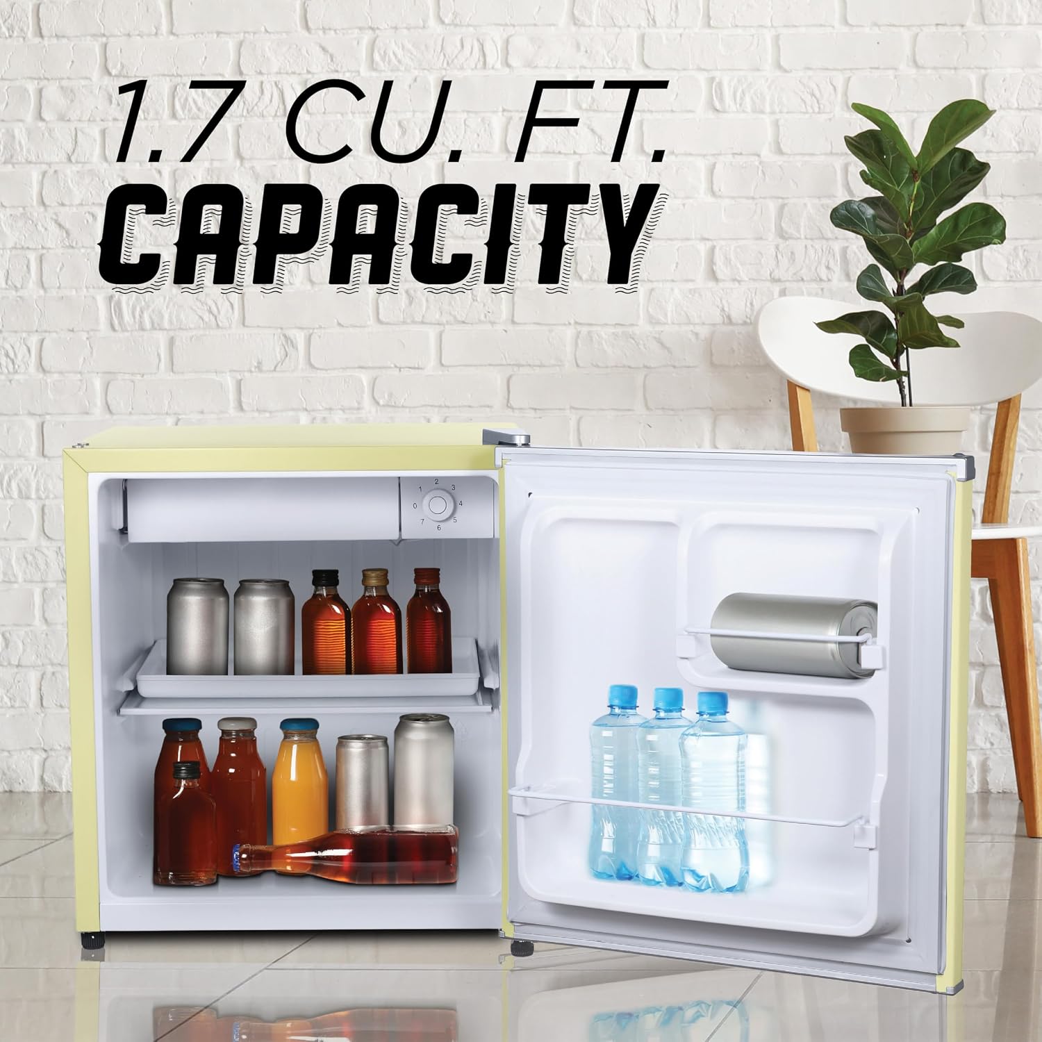 ICEBOX 1.7 Cu. Ft. Compact Refrigerator, ENERGY STAR Certified Small Refrigerator, Single Door Mini Fridge with Chiller Compartment, R600a Refrigerant, IBCR17SUN, Sun Yellow