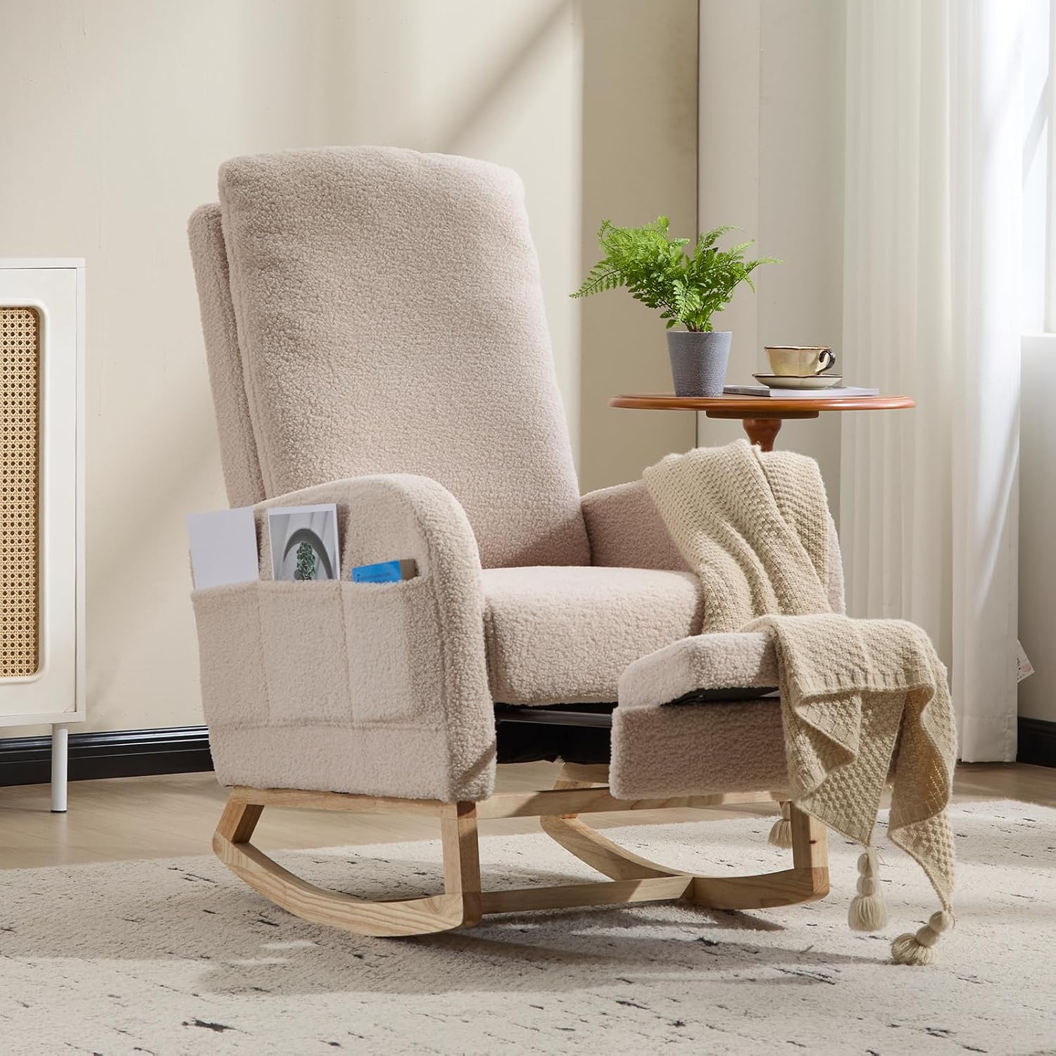 Rocking Chair Nursery with Foot Rest, Sherpa Nursing Rocking for Mom Nursery Rocker Chair with High Straight Backrest, Armchair Rocker Glider with Side Pocket for Living Room, Bedroom, Teddy Begie