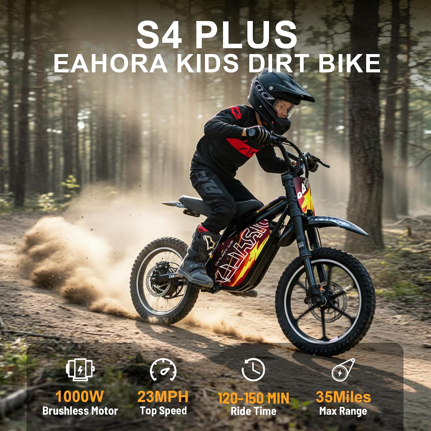 eAhora S4 Electric Dirt Bike for Kids 5-14,Peak 1200W Electric Motorcycle - Up to 26.8 Mph, 48V 10.4AH Battery 37 Miles Long-Range, Full Suspension Disc Brake,3-Speed Off-Road Dirtbike for Boys Girls