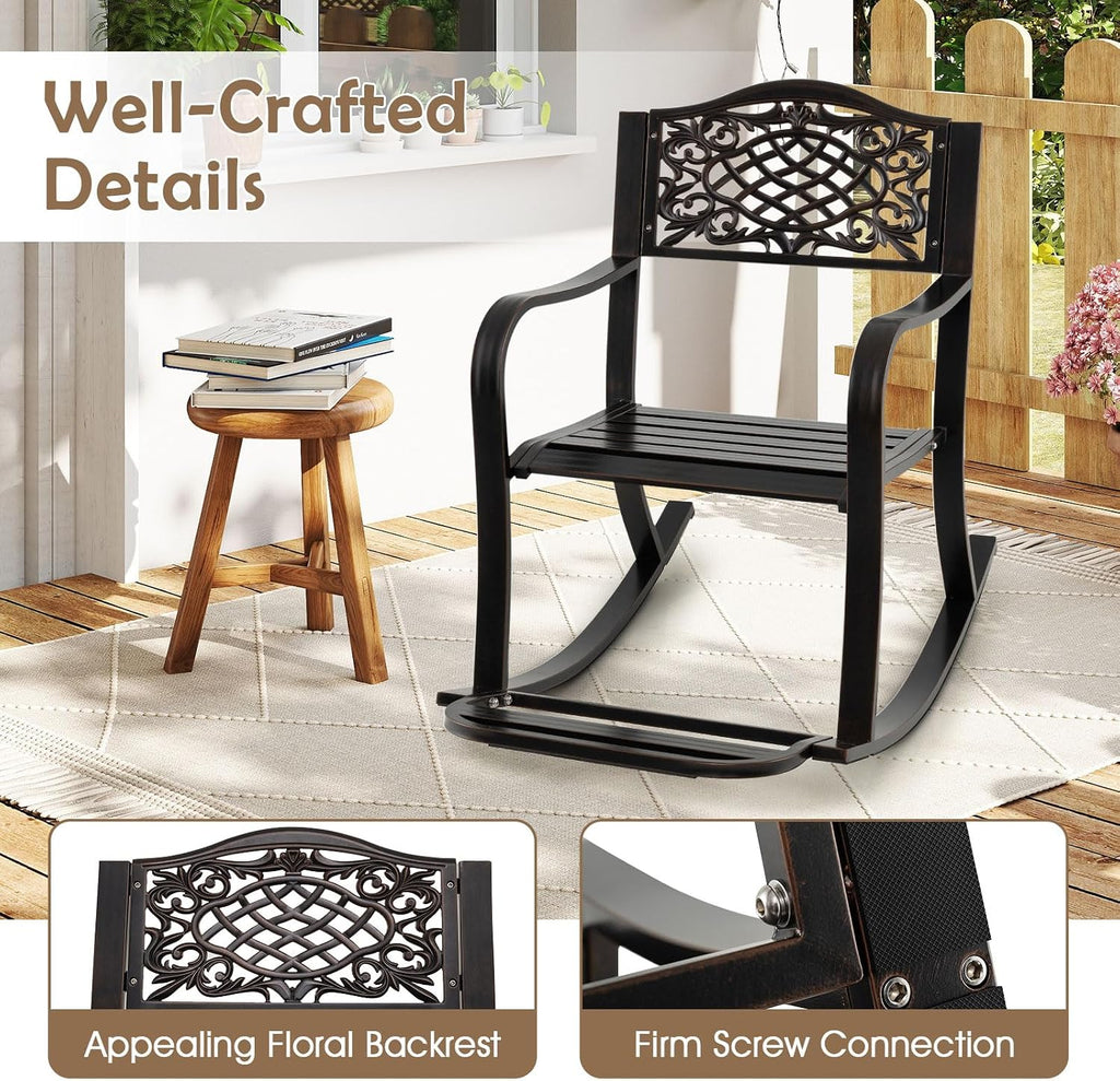 Giantex Patio Rocking Chair, Outdoor Cast Aluminum Rocker w/Footrest, Backrest & Curved Armrests, Heavy-Duty Metal Classic Rocking Leisure Seat for Backyard, Poolside, Balcony (Antique Brown,1)