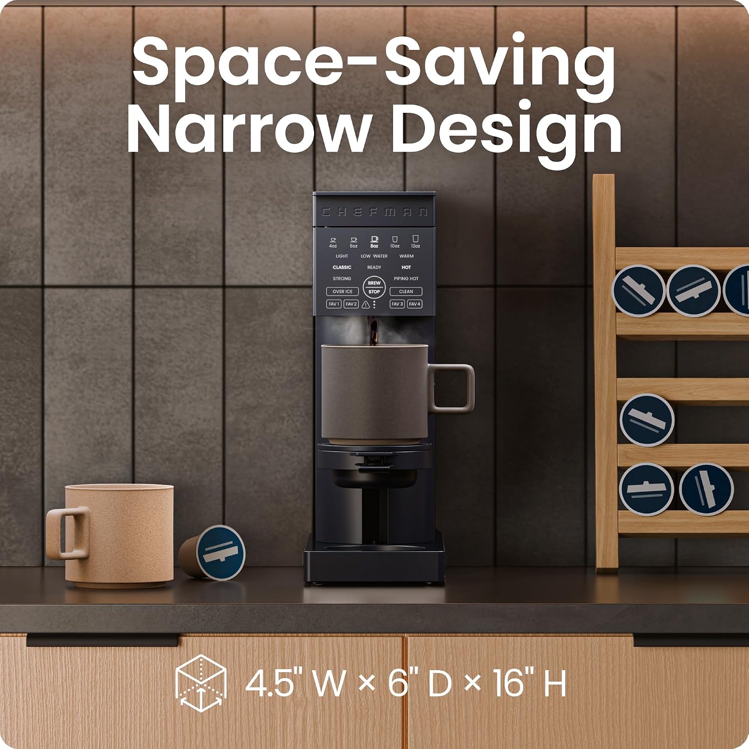 Chefman Caffeinator Single Serve Coffee Maker, Brew Kcups & Grounds, Drip Coffee Machine with Brew Strength Settings, Iced Coffee Function, 45 oz. Removable Water Reservoir