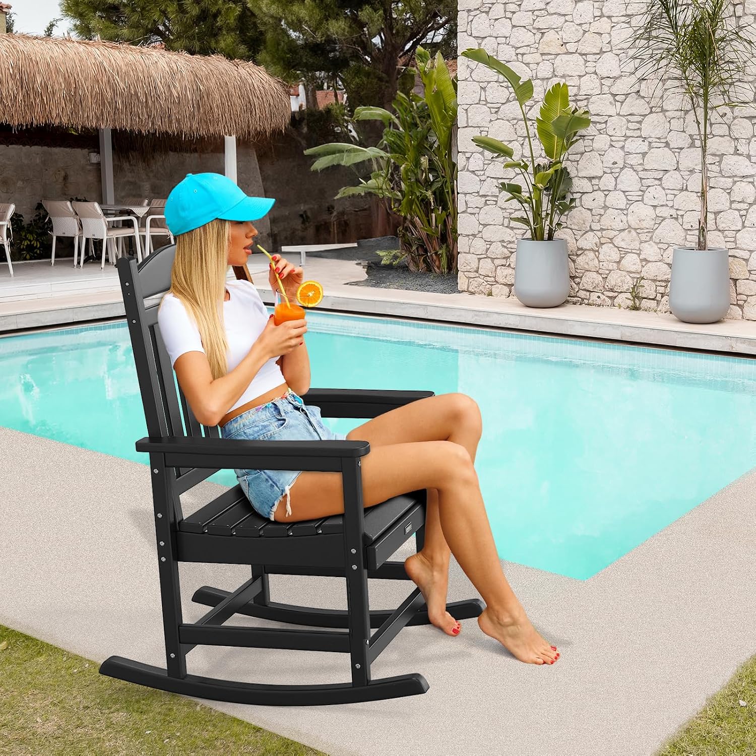 VINGLI Outdoor Rocking Chair Set of 2, Patio Rocking Chair with Higher Backrest, Outdoor Rocker with Comfortable Seat, All Weather Rocking Chair for Garden, Yard, Balcony, Black