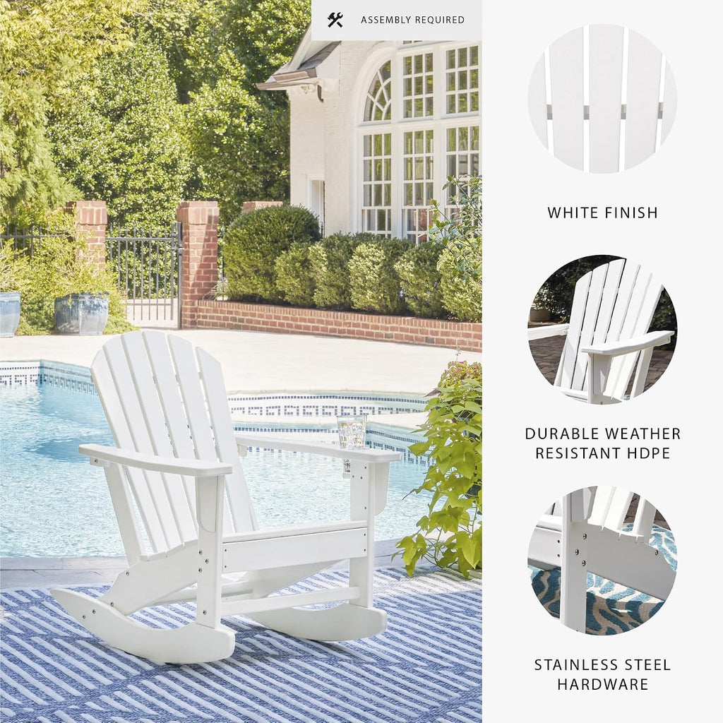 Signature Design by Ashley Sundown Treasure Cottage Weather Resistant Outdoor Rocking Chair with 1 Cup Holder, White