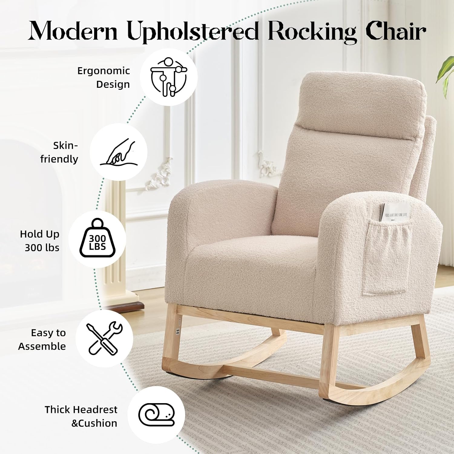 IDEALHOUSE Nursery Rocking Chair, Upholstered Glider Rocker with High Back & Side Pocket, Comfy Nursing Chair for Breastfeeding, Padded Nursery Armchair for Baby Room, Bedroom & Living Room