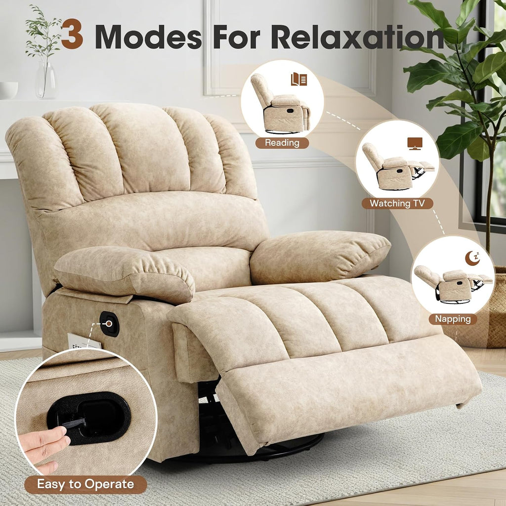 COOSLEEP Oversized Manual Swivel Rocker Recliner Chair, Extra Wide Glider Rocker Recliner for Big and Tall, Overstuffed Lazy Recliner Chair with High Back, Single Sofa Chair for Living Room(Beige)