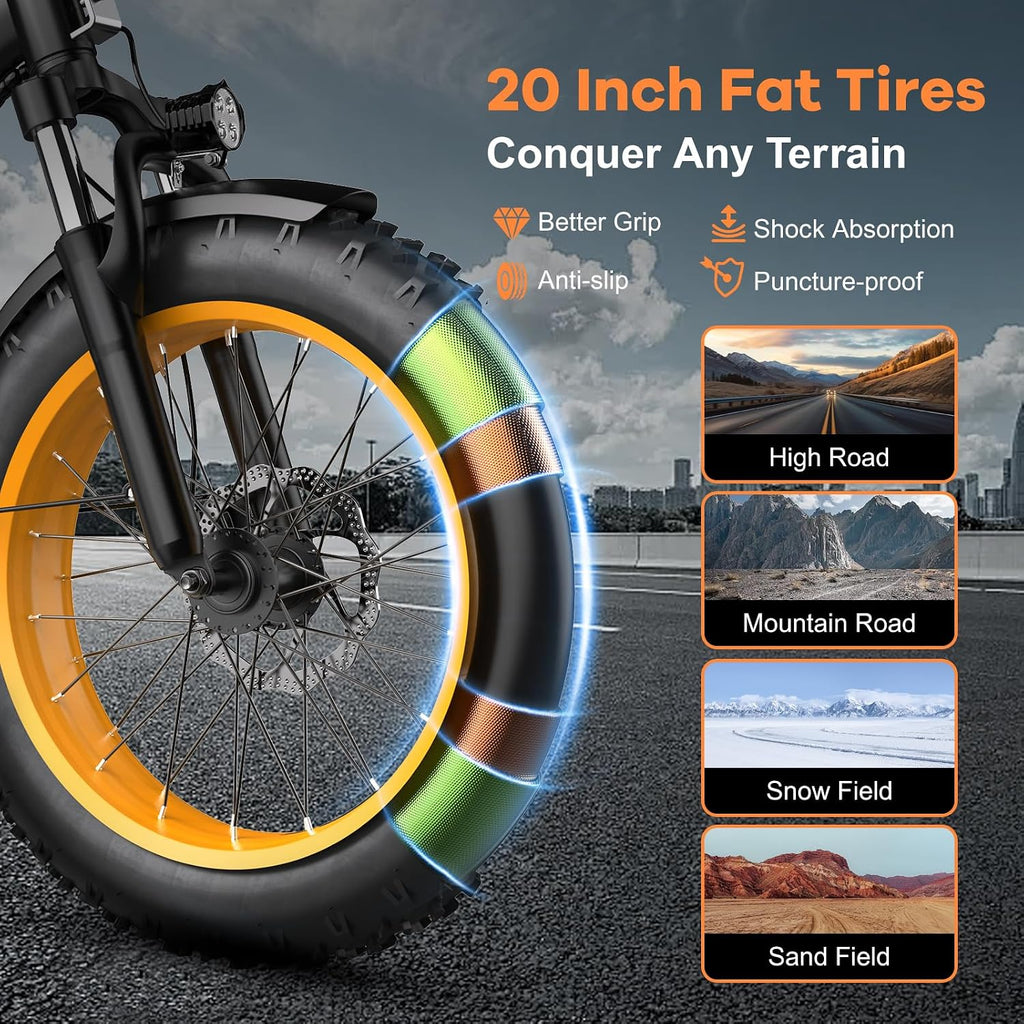 Folding Electric Bike for Adults with Peak 1000W Motor, 48V 20AH Battery up to 30MPH 80 Miles, 20' Fat Tire All Terrain Ebike, 7-Speed Commuter E Bike Black with Saddle Bag, Step-Thru, UL Certified
