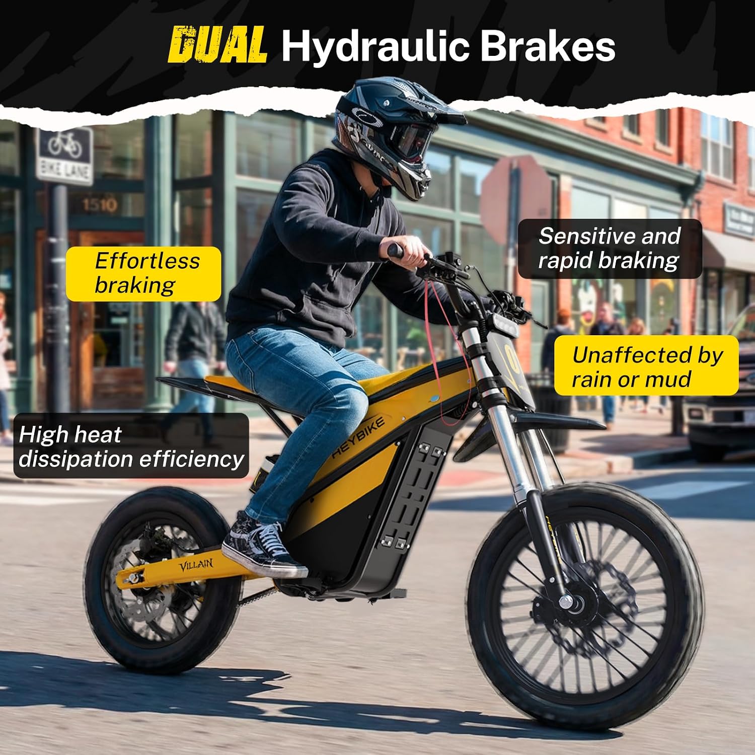 Heybike Villain Electric Dirt Bike, 4160W E Dirt Bike with 52V 26AH Battery, 14'/12' Fat Tire Electric Motorcycle for Teens, Max 45MPH Ebike with Reversing Function(with Crossbody Bag; Yellow)