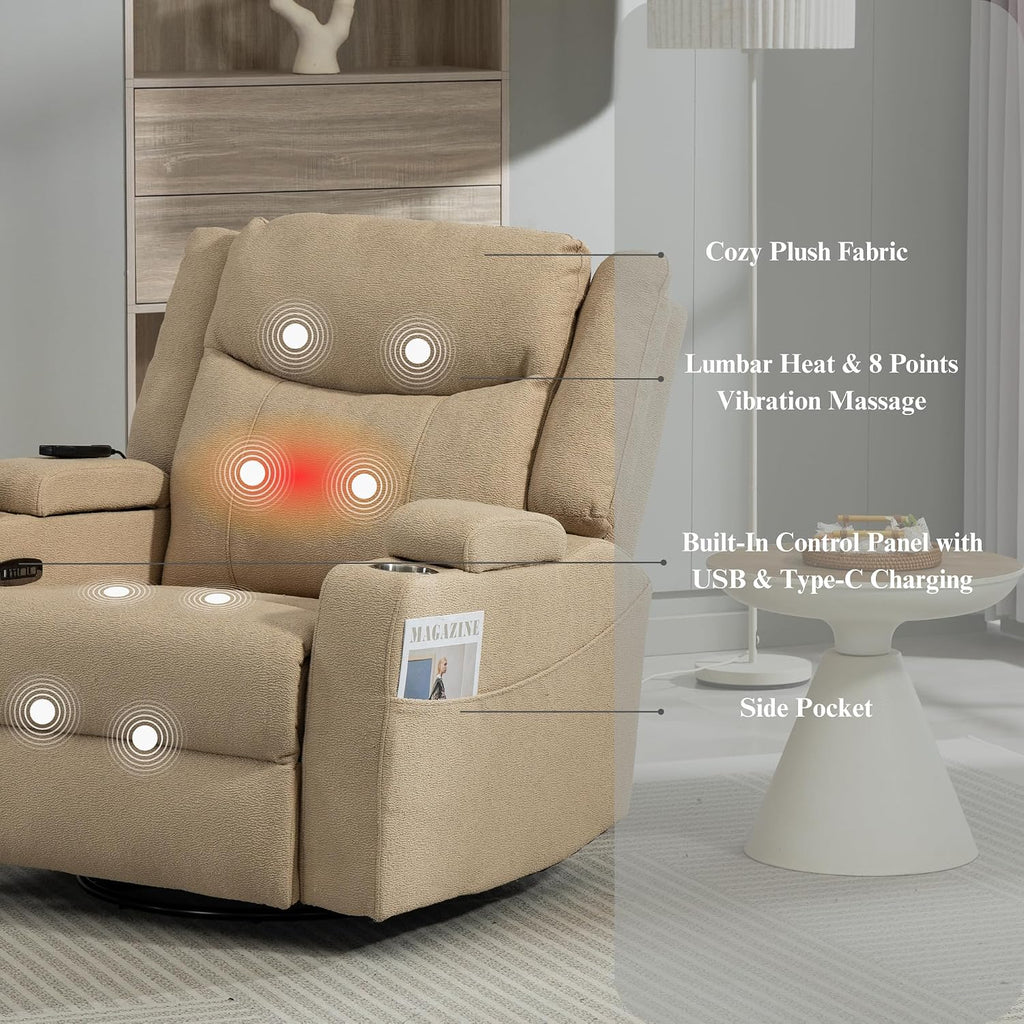 Power Oversized Swivel Rocker Recliner with Dual Motor Adjustable Headrest for Adults, Glider Rocking Chair with Heat Massage, LED Light, USB C Charging, Armrest Storage, Cup Holder