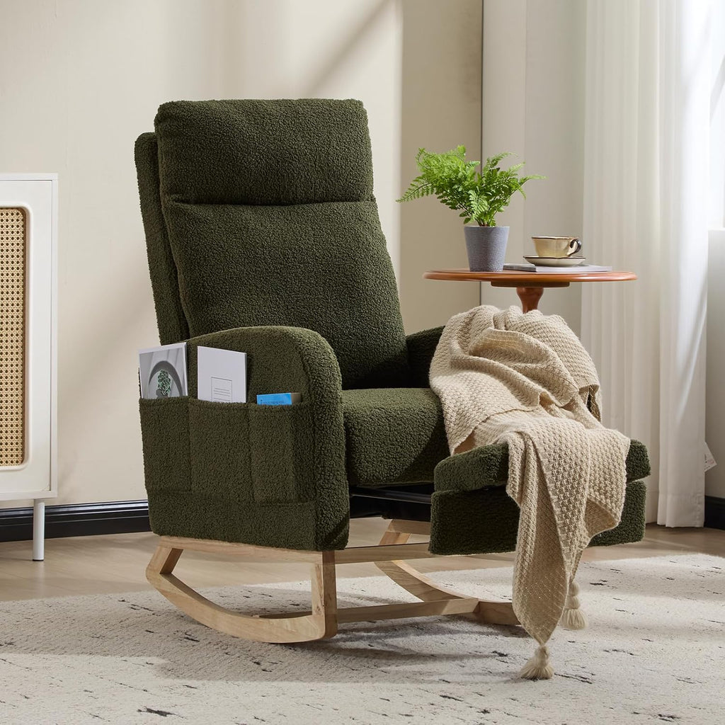 Rocking Chair Nursery with Foot Rest, Sherpa Nursing Rocking for Mom Nursery Rocker Chair with High Backrest, Armchair Rocker Glider with Side Pocket for Living Room, Bedroom, Teddy Green