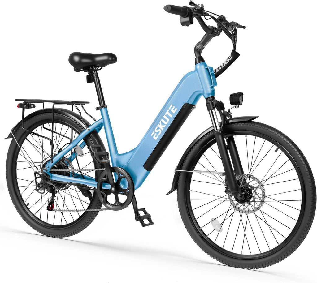 ESKUTE Electric Bike for Adults-1300w Peak Ebike, 28MPH Step Thru Electric Bicycle，70Miles 840 WH Removable Battery e-Bike, 7-Speed 26'' tire, Adjustable Stem,