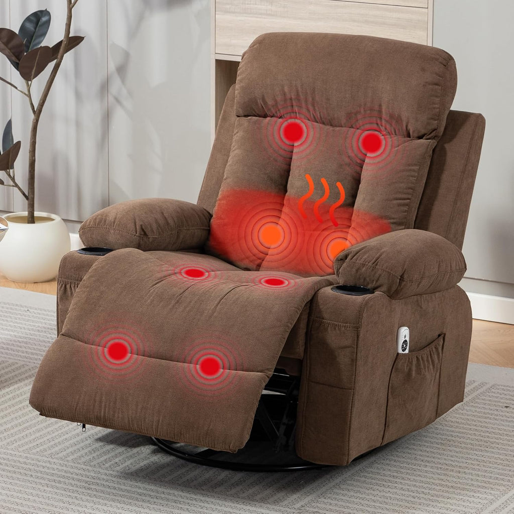 Swivel Recliner Chair for Adults w/Vibration Massage and Heating, 360° Rocker Glider Recliner w/Cup Holder and USB Charge Port for Living Room, Bedroom, Brown