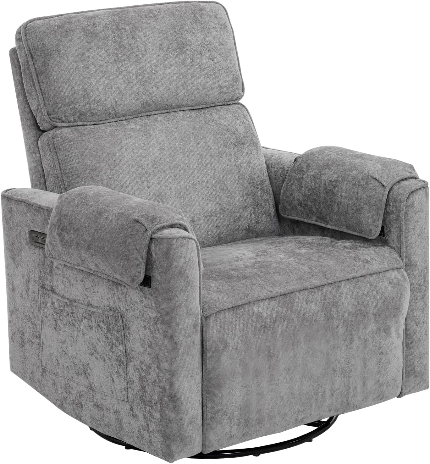 Oversized Power Recliner Chair with Adjustable Headrest, Swivel Rocking Recliner for Adults, 26' Extra Wide Glider Nursery Chair with Overstuffed Armrest for Living Room, USB Ports, Grey