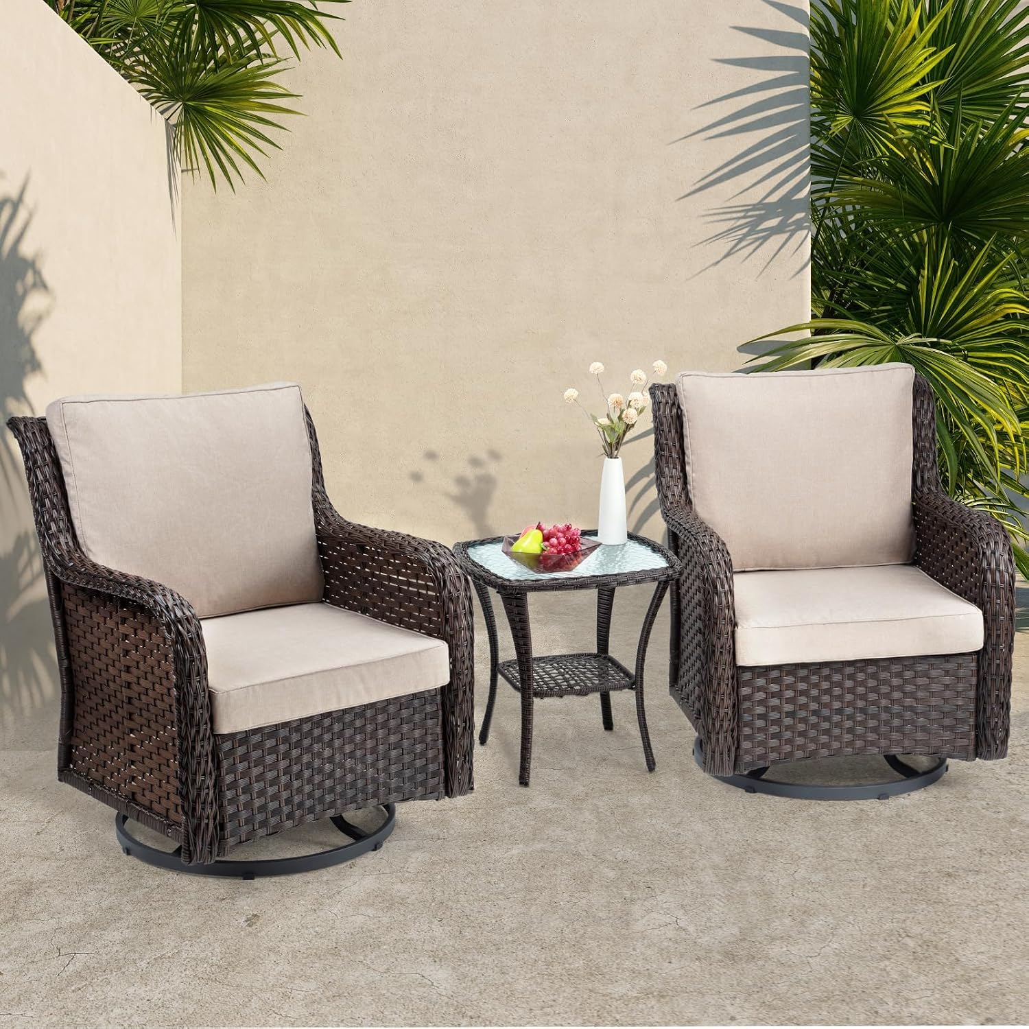 Outdoor Porch Chairs with Table, 3-Piece Wicker Glider Rocking Chair Set, 360° Swivel Patio Furniture with 4' Thick Cushions for Porch, Deck, Balcony