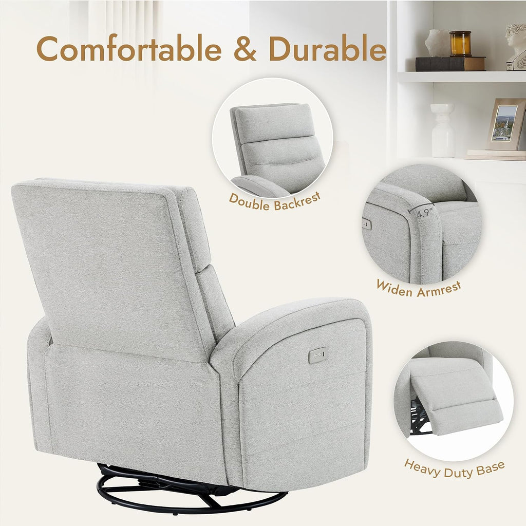 Watson & Whitely Swivel Power Recliner Glider Rocker, Small Recliner with Charging Port for Living Room, Fabric in Dove Grey