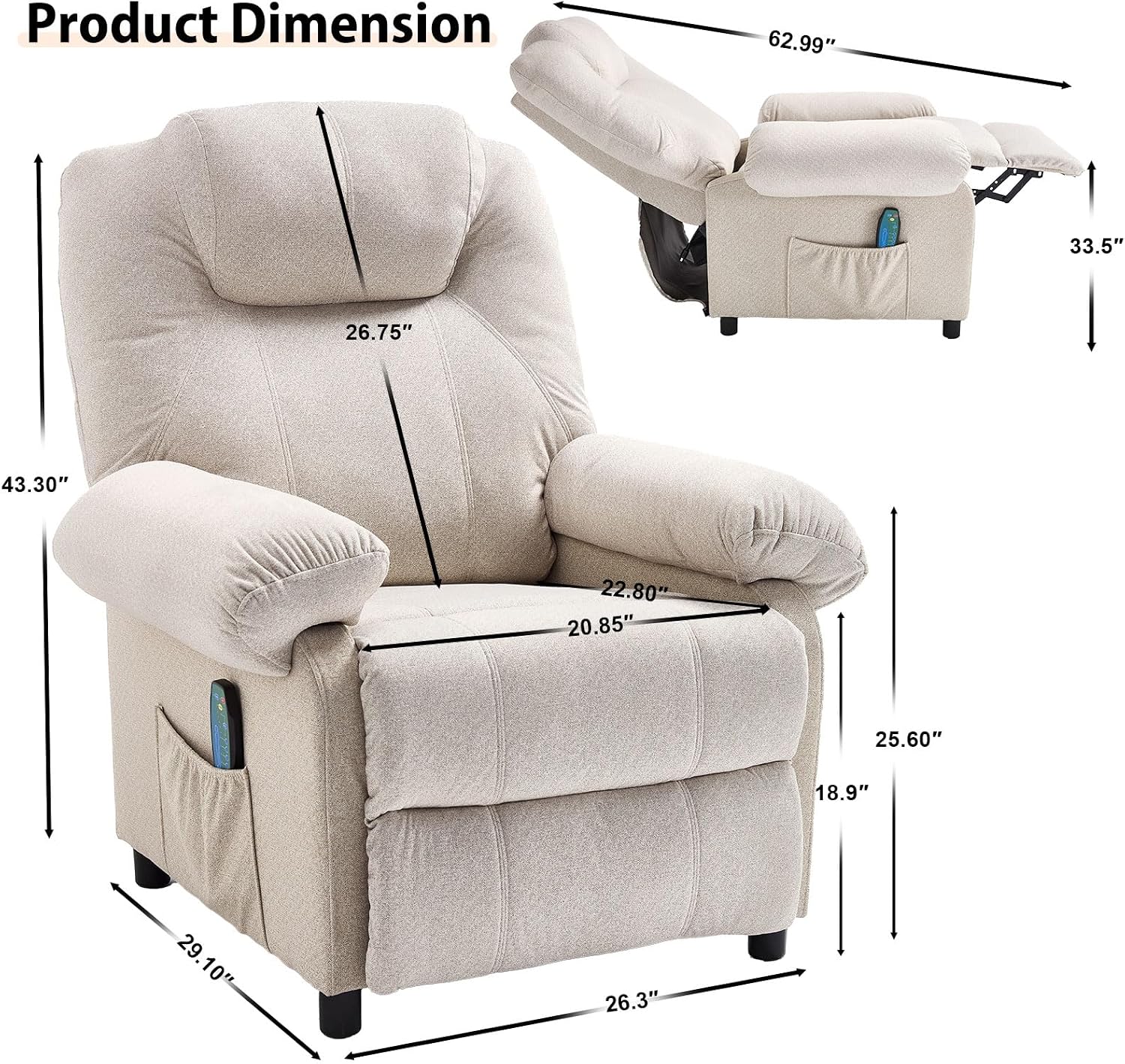 Overstuffed Push Back Recliner Chair for Living Room, Mid Century Fabric Heated Massaging Reclining Chair Small Manual Recliner Chair with Heat and Massage, White