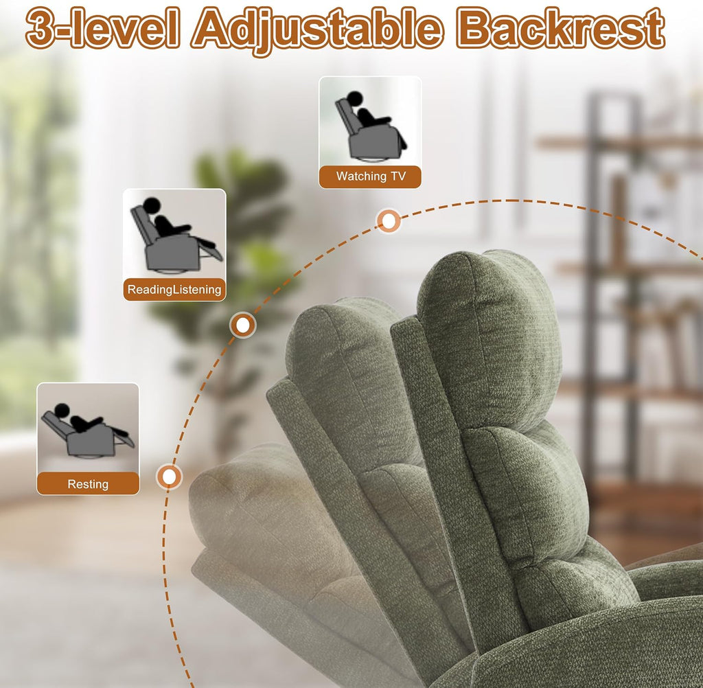 Manual Swivel Rocker Recliner Chair for Adults, Overstuffed Glider Chair for Nursing with Vibration Massage & Lumbar Heat, Living Room Rocking Recliner 3-Stage backrest, Chenille Fabric Green