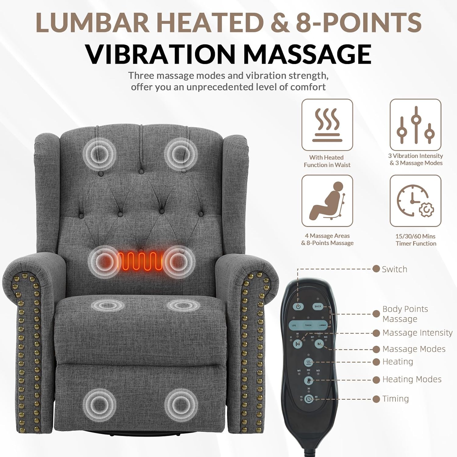 Power Swivel Rocking Glider Recliner Chair with Massage and Heat, Electric Nursery Glider Rocker for Living Room, Wingback Tufted Upholstered Recliner Chair with Type-C & USB Ports, Grey