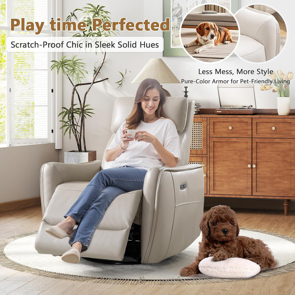 ANJ Power Swivel Rocker Recliner Chair,Nursery Rocking Chairs with USB & Type C Port,Upholstered Faux Leather Glider Rocking Chair for Living Room, Silver Gray
