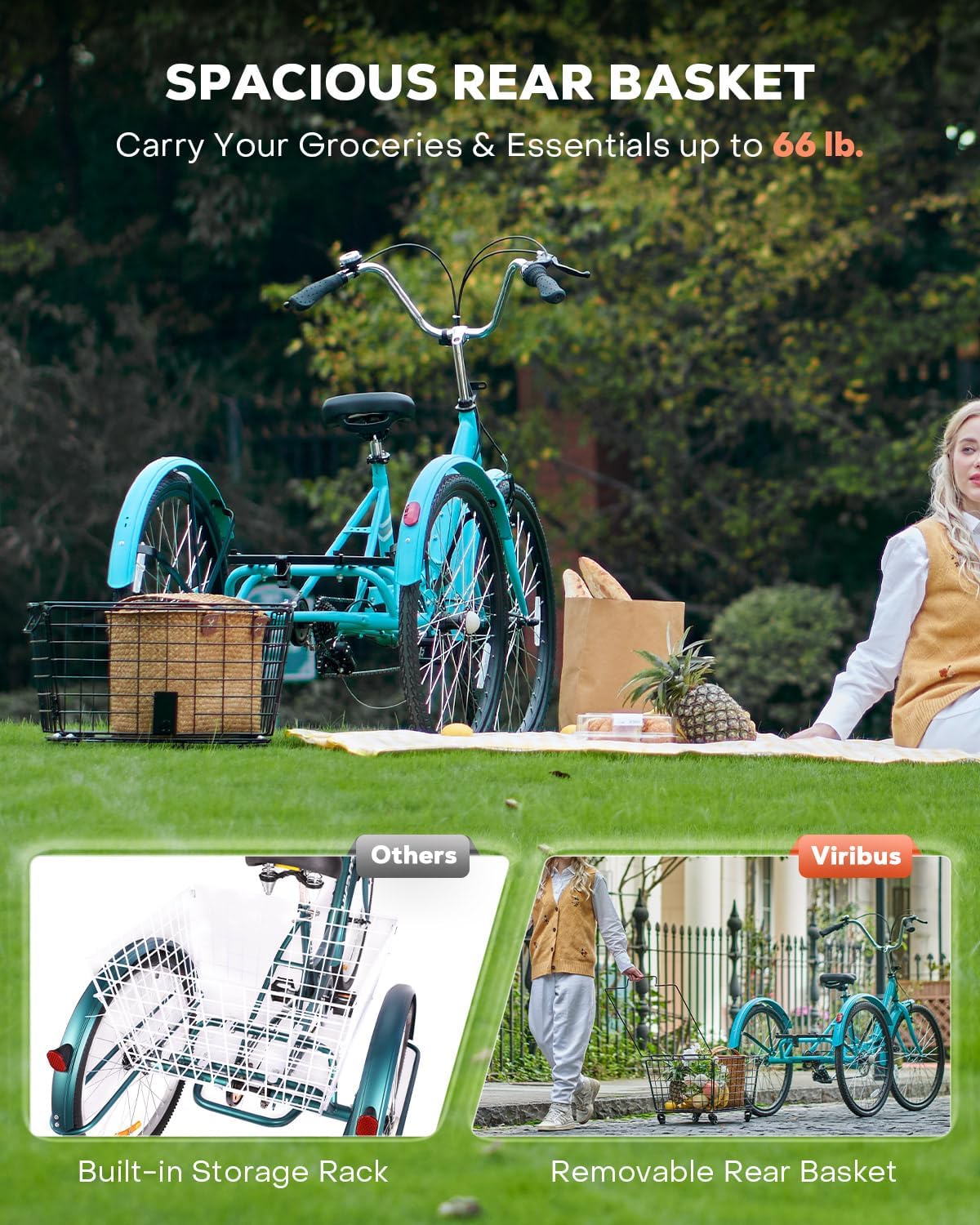 VIRIBUS Folding Tricycle for Adults, 7 Speed Foldable Adult Tricycle with Removable Wheeled Basket, Folding 3 Wheel Bikes for Women Men Seniors 24 26 inch, Collapsible Three Wheeler Trike 330 LB.