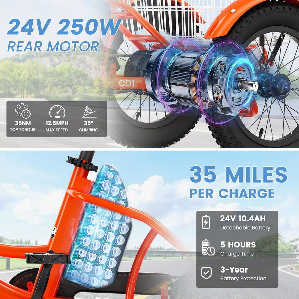 MOOHOTO 16' Electric Tricycle for Small Riders, 3 Wheel Fat Tire E-Trike with Low Step-Through Aluminum Frame, Low-Speed Mode, Removable Battery, Rear Basket, Easy Control for Beginners