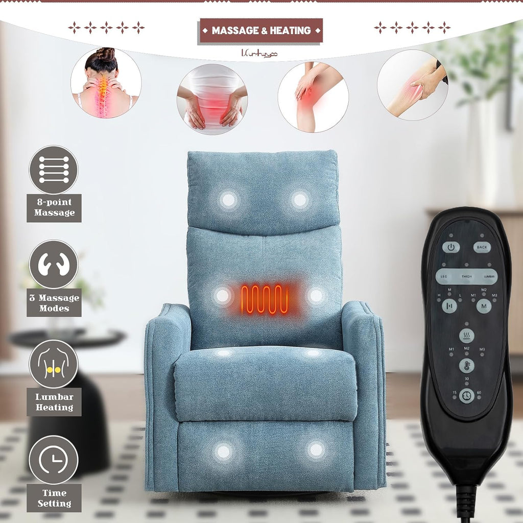 Rocking Recliner Chair with Heat and Massage, 360° Swivel Glider Rocker with Reclining Backrest and Footrest, Modern Nursery Rocking Chairs for Adults for Bedroom, Living Room, Office (Blue)