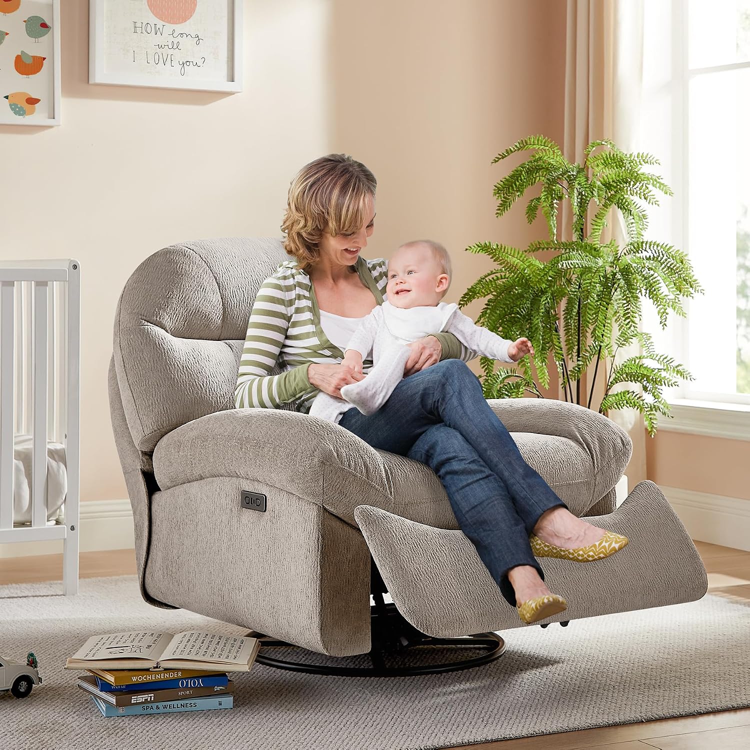 VANOMi Power Recliner Chair with Charging, 270° Swivel Glider Rocker, Electric Nursery Recliner for Living Room, Bedroom, and Office, Camel, Set of 2