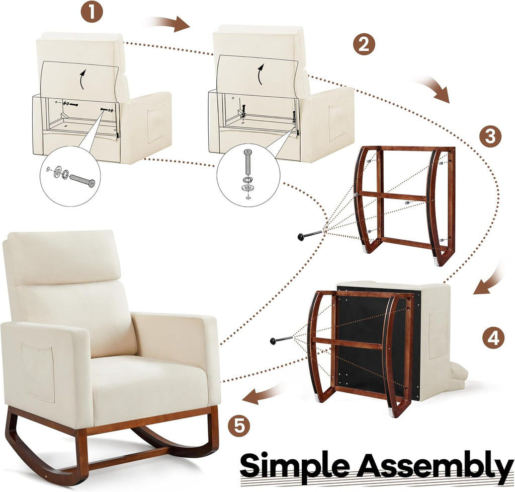 Yaheetech Rocking Chair Nursery Upholstered Glider Chair with Rubber Wood Legs Side Pocket, Rocking Accent Armchair High Back for Living Room Bedroom, Beige, 2pcs