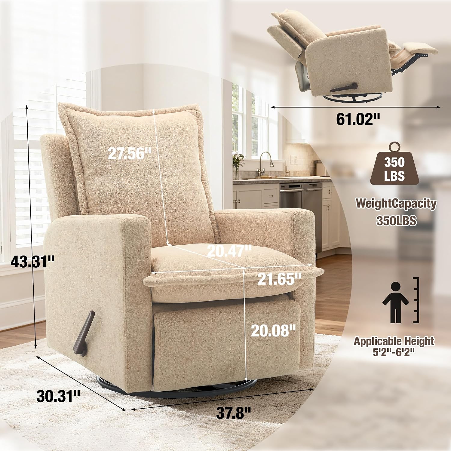 Rocking Chair Nursery Swivel Rocker Recliner Chair, High Back Adult Manual Recliner for Small Spaces, Glider Rocking Reclining Sofa for Living Room Bedroom, Beige