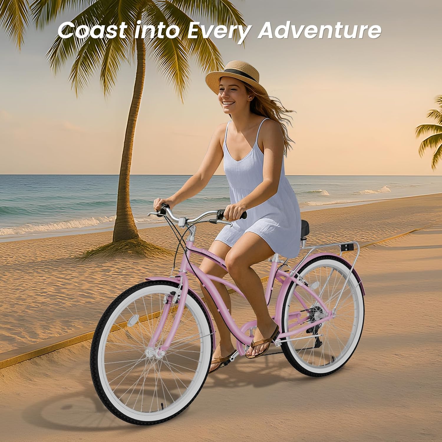 Cruiser Bike for Adults, 7-Speed Beach Cruiser Bicycle, 24/26 Inch Step-Through or High-Bar Frame, Comfort City Commuter Bike with Rear Rack, Fenders, Wide Saddle for Women & Men
