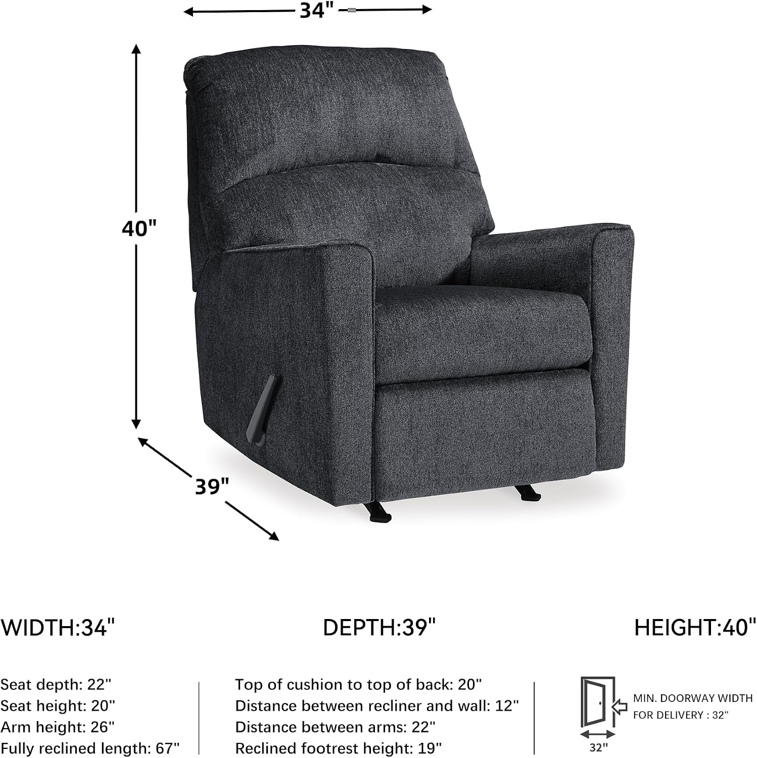 Signature Design by Ashley Altari Rocker Recliner Chair, Plush Chenille Upholstered Reclining Chair, Gentle Rocking Motion, Cozy Seating for Everyday Relaxation, 34' W x 39' D x 40' H