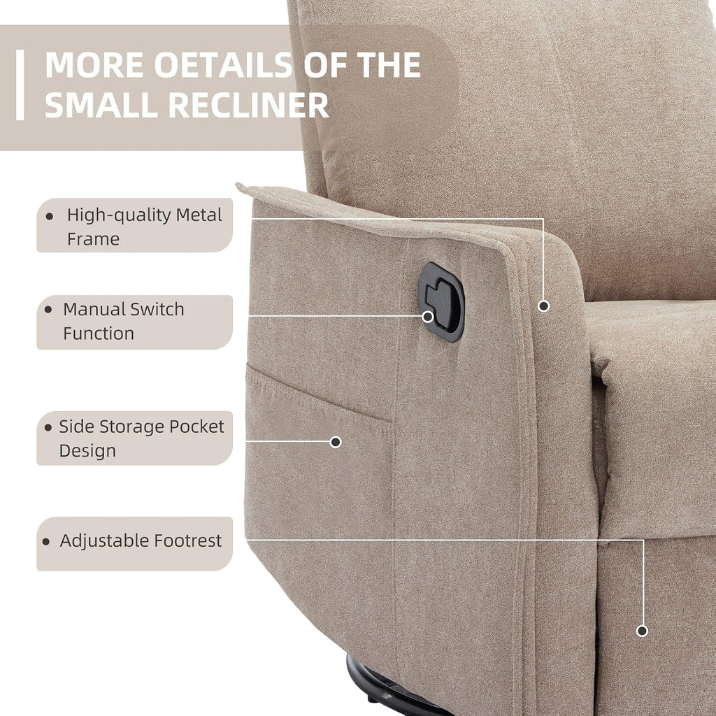 PELUMY 360 Swivel Rocking Recliner Chair for Adults, Nursery Rocking Chair with Heat and Massage, Glider Reclining Chair for Small Space, Living Room, Bedroom (Khaki)