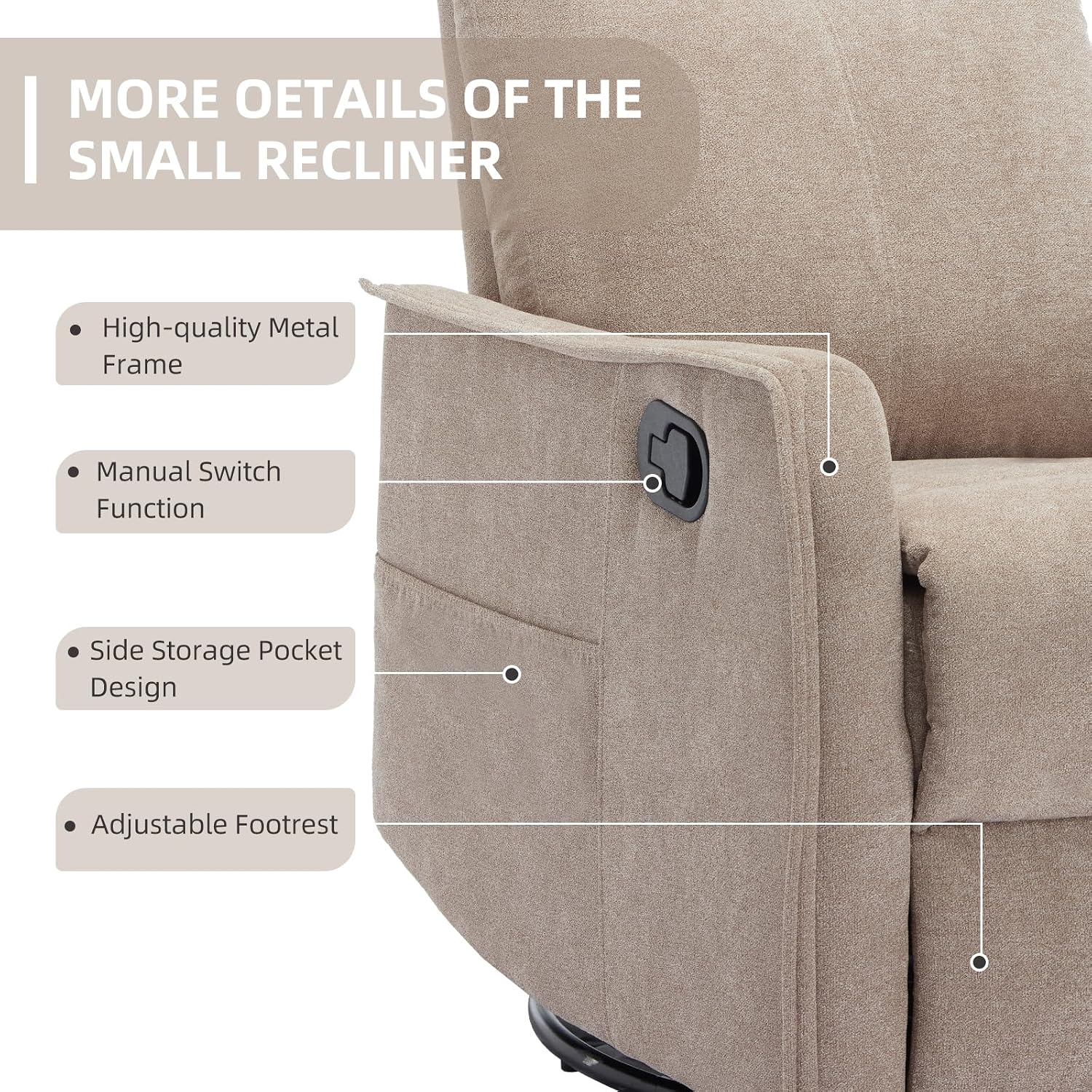 PELUMY 360 Swivel Rocking Recliner Chair for Adults, Nursery Rocking Chair with Heat and Massage, Glider Reclining Chair for Small Space, Living Room, Bedroom (Khaki)